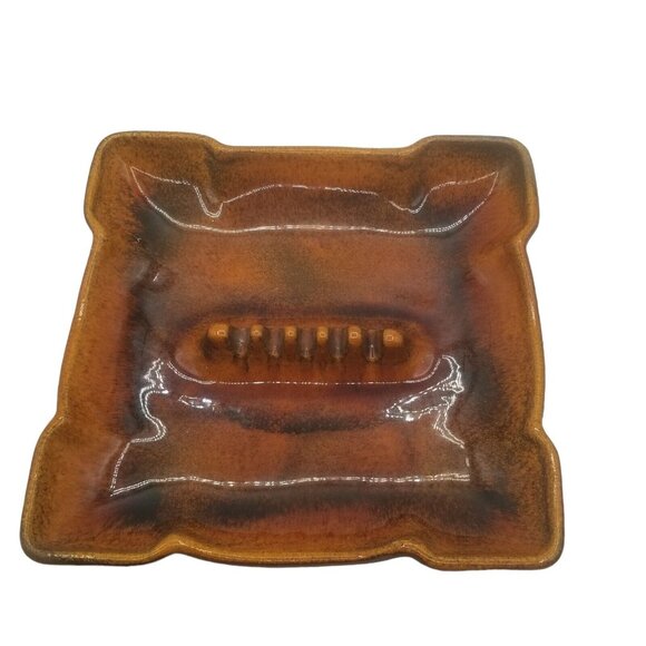 Vintage large ceramic ashtray footed brown gold midcentury USA cigar cigarette - Picture 3 of 9